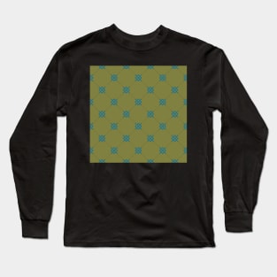 Diamond pattern on dark olive green background with interlocking teal blue motifs. A simple design with classic style. Long Sleeve T-Shirt